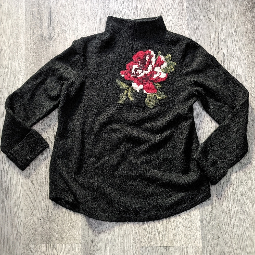 Reitmans Black Rose Mock Neck Sweater Romantic Goth Small Coquette Whimsigoth